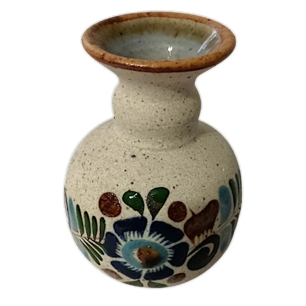 Tonala Pottery Bud Vase MINI Mexico Floral Sandstone Handpainted Signed Western.